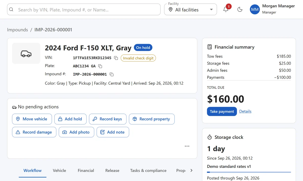 LotResolve's record for a 2024 Ford F-150 on a police hold: the vehicle, its actions, a financial summary showing $160.00 due, and a storage clock at one day.