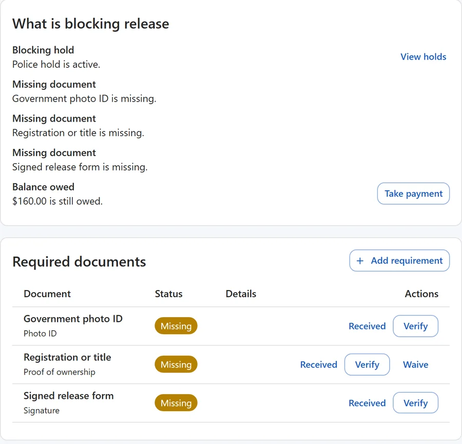 The release check for a 2024 Ford F-150: blocked by an active police hold, three missing documents (photo ID, registration or title, signed release form) and $160.00 still owed, with each document to mark received, verify or waive.